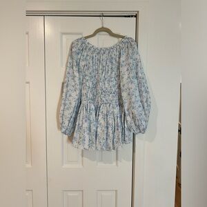 Caroline Constas Blue and White Long Sleeve Mini Smocked Dress Size M